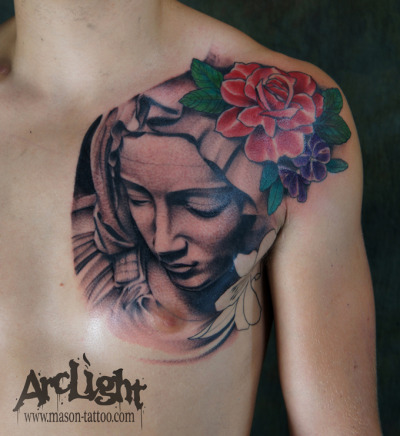 Virgin Mary Tattoos on Virgin Mary Tattoo On Kyle   S Chest  Just About Finished So I Thought