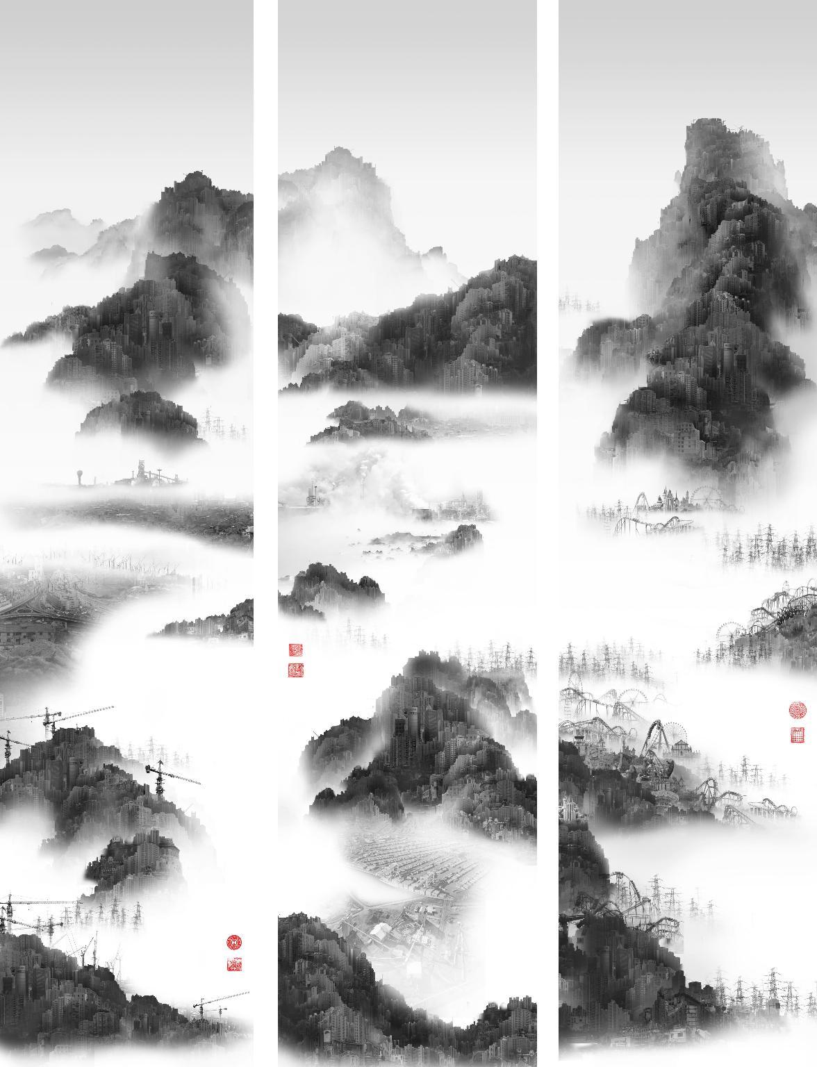Phantom Landscape III Triptych by  杨泳梁 (Yang Yongliang), 2007