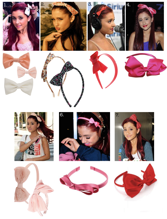Ariana&#8217;s bow headbands:  1. Bow clips, 2. Floral headbands here and here, 3. Small red headband, 4. Big pink bow headband, 5. Light pink headband here and here, 6. Little pink bow headband, 7. Big red bow headband.   It&#8217;s no secret that Ariana has an obsession with bow headbands, so here&#8217;s a lot of similar headbands to the ones Ariana wears. You can basically get these headbands everywhere; Forever21, H&amp;M, Asos, American Apparel etc. 