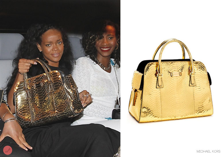 Rihanna all smiles and tanned after a dinner at Michelangelo restaurant in France. Spotted with a Michael Kors Gia satchel in gold python ($2,195). Gia python bag also available from Neimanmarcus.com in dessert.