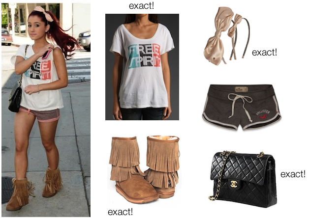 Ari out and about last year :) Exact Free Spirit from Gypsy 05 Shorts from Hollister Exact Mid Fringe Boots from UGG Exact Jumbo Flap Bag from Channel (not available online) Exact Bow Headband from Henri Bendel New York (not available online)