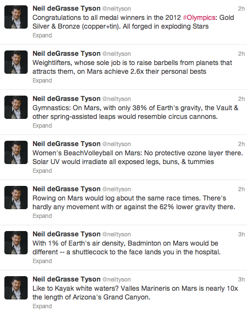 Neil deGrasse Tyson, Olympics Commentator Doin’ his NdT thing for the Interplanetary Olympics of the year 2320 (or something). So much more awesomeness, as if he produced anything else, on his Twitter feed.