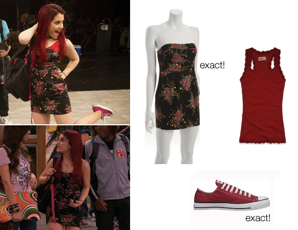 Cat in the episode &#8220;Wok Star&#8221; (:  Exact &#8220;Poison Apple&#8221; Strapless Dress from Free People Red Tank Top from Hollister  Exact Low Top Red Canvas from Converse