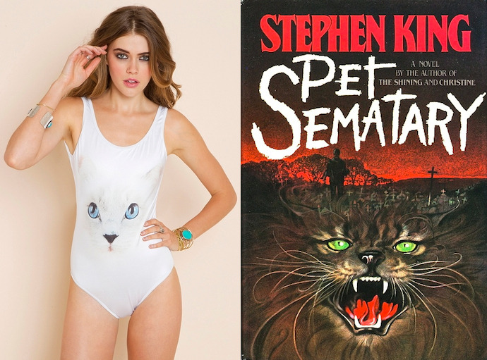 The book: Pet Semetary by Steven King <br /><br />The first sentence: “Louis Creed, who had lost his father at three and who had never known a grandfather, never expected to find a father as he entered middle age, but that is exactly what happened.”<br /><br />The bathing suit: Wildfox Couture Cat Swimsuit. 