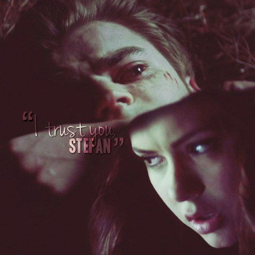 
Stefan: Please run..Elena: Stefan..my wrist..here, take my wrist you need more blood.Stefan: Don’t, Elena run..run.Elena: No..I trust you.