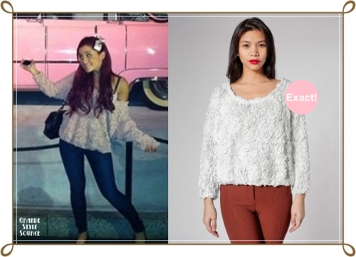 Requested: Ariana Grande in coats, cardigans and sweaters.Exact 3-D Flower Mesh Jumper in white | $88