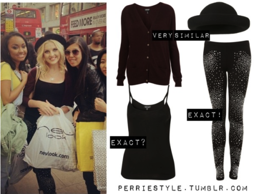Perrie spotted today with some fans. :)
Knitted Cardigan from Topshop not exact
Basic Black Tank Top from Topshop exact? (alternative: 1)
Trophy Leggins from Topshop exact!
Mini Roller Hat from Topshop not exact (perries is vintage)
- I reckon that Perrie was wearing her usual white Dr Martens boots. 