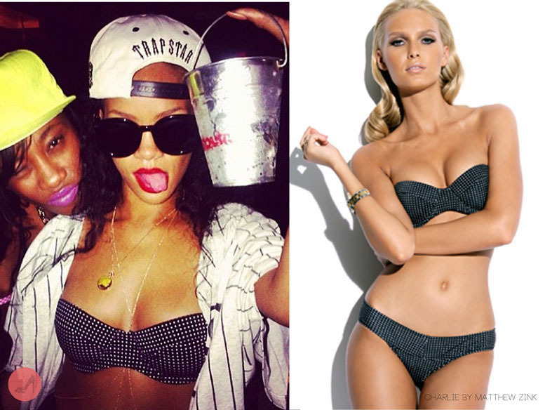 Rihanna enjoying some night-life in her hometown of Barbados with her close friend Melissa wearing a &#8216;jerry bikini&#8217; by Charlie by Matthew Zink a polka dot pattern bandeau available for $112.50 it also comes with a pair of matching bottoms. Rihanna has also worn a few of his designs which has been posted HERE
She was also spotted wearing Trapstar&#8217;s &#8216;life is a movie&#8217; snapback available for £30.00 