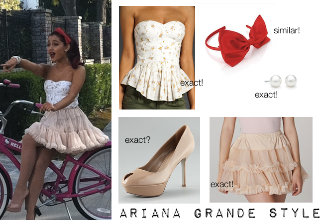 Requested: Ari at a photo shoot (: Exact Vintage Rose Bustier from Rebecca Taylor. Exact Multi Layered Skirt from AA. Exact (?) Nude Leather Pumps from Sergio Rossi.  Exact Pearl Earrings from Tiffany &amp; Co. Red Satin Bow Headband from Amazon. 
