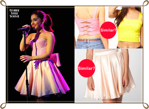 Requested: Ariana Grande performingSimilar River Island Bow Back Bustier in pink | $27,25&#160;(the picture is yellow, but there wasn&#8217;t one with the pink front, normally it&#8217;s pink)Similar Short Charmeuse Gore Skirt in crème | $55