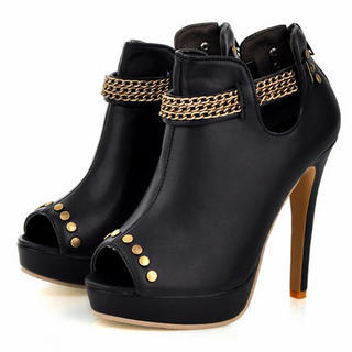 chain accent studded peep toe boots