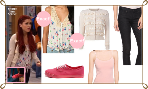 Ariana Grande as Cat Valentine in &#8216;Tori Goes Platinum&#8217;Exact Kimchi Blue Prairie Tank Top in ivory | $19,99 Exact Marc By Marc Jacobs Daisy Ruffled Woolcashmere Cardigan in cream | $155&#160;(sold out) Similar Basic Knit Tank in light pink | $2,80 Similar Classic Denim Skinny Jeans | $10,80Similar Vans Canvas Era Peach | $46,73  I found a similar cardigan to the Marc Jacobs one. Ruffle Cardigan By Target in dogbone | $17,99