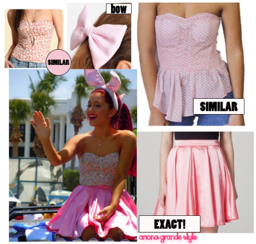 ˚Ariana spotted wearing a bustier and skirt. •Exact flippy skirt from american apparel. get here. •Similar bustier from ASOS. get here. •Similar bustier from moddishhippie. get here. •Bow hair clip from American Apparel get here.