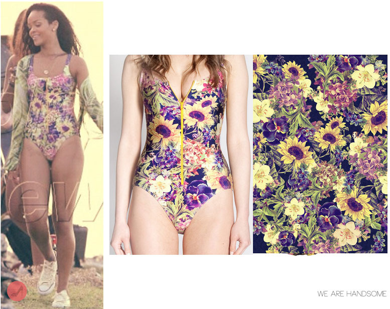 Rihanna was spotted in Barbados for a photoshoot wearing a floral swimsuit/bodysuit by a familiar brand &#8216;we are handsome&#8217; the swimsuit called the secret garden is from their romantic 2012 collection. Print features sunflowers, images of dogs. and a fastening down the front. 
Rihanna has worn this brand before the Australian duo made a custom print Bob Marley one piece for her while she was in Australia for her Last girl on earth tour last year and also their black panther one piece back when she was in Barbados for Christmas 