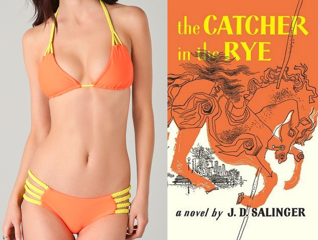 The book: Catcher in the Rye by J.D. Salinger <br /><br />The first sentence: “If you really want to hear about it, the first think you’ll probably want to know is where I was born, and what my lousy childhood was like, and how my parents were occupied and all before they had me, and all that David Copperfield kind of crap, but I don’t feel like going into it, if you want to know the truth.”<br /><br />The bikini: Tori Praver Shyla Bikini 