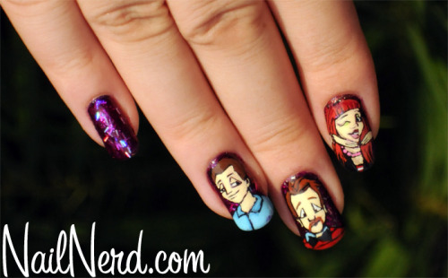 nailnerd-com: Nail art based on the band Paramore with a purple glitter base