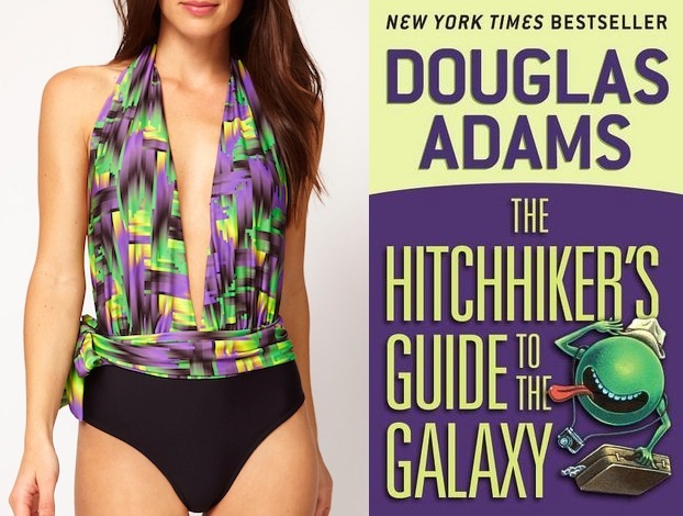 The book: The Hitchhiker’s Guide to the Galaxy by Douglas Adams<br /><br />The first sentence: “The house stood on a slight rise just on the edge of the village.”<br /><br />The bathing suit: ASOS Acid Print Plunge Backless Suit