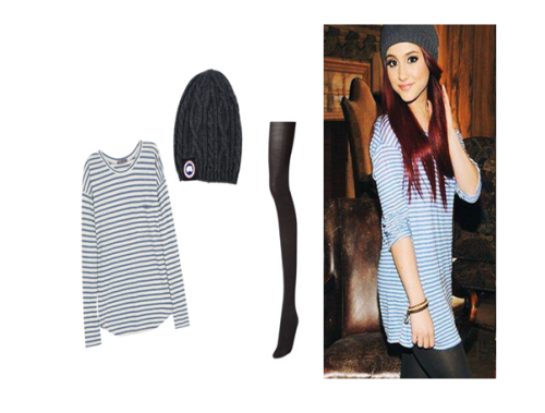 Beanie any dark beanie will do :) Blue &amp; White Striped Sweater and a pair of black tights :)