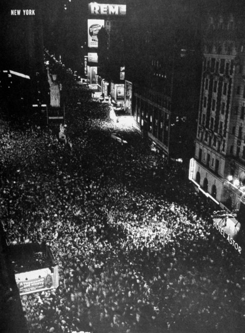 New York&#8217;s Times Square, August 14, 1945 — V-J Day.
See more photos here on LIFE.com.