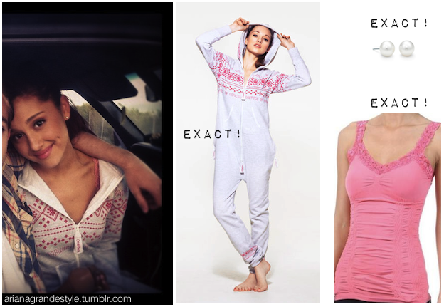 Ari looked adorable in this pic, wearing: Exact! Grey/pink One Piece.  Exact! Lace Strap Cami from M. Rena. Exact! Pearl Earrings from Tiffany &amp; Co.
