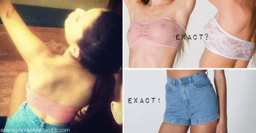 Ari posted this pic on instagram, wearing: Exact Medium Wash High-Waisted Shorts from AA. Exact (?) Floral Lace Tube Bra from AA.