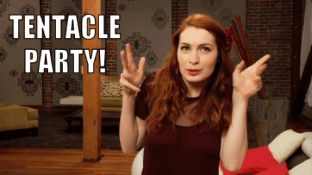gif of felicia day wiggling her fingers and arms as a tentacle party.