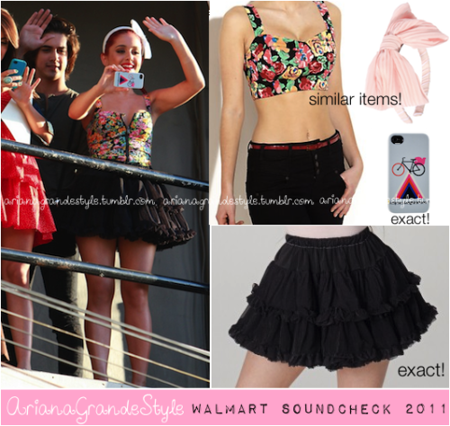 Ariana with the Victorious cast at the Walmart soundcheck last year.  Floral Crop Top from Newlook. Exact Black Multi-Layered Skirtfrom AA. Bow Headband from Asos (unfortunately sold out). Exact Bike Light iPhone Case (not available online).