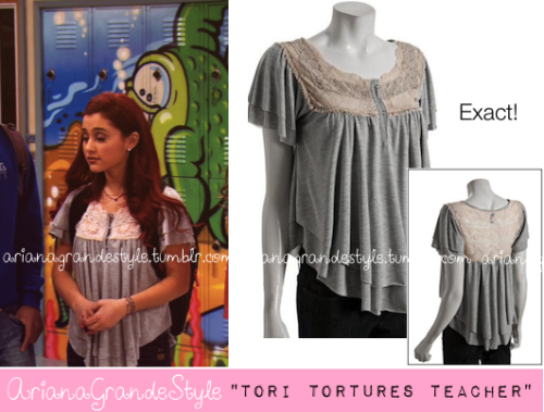 Requested: Cat in the episode &#8220;Tori tortures teacher&#8221; season 2. Exact Heather Grey Jersey Lace Yoke Henley Top from Free People (sold out).