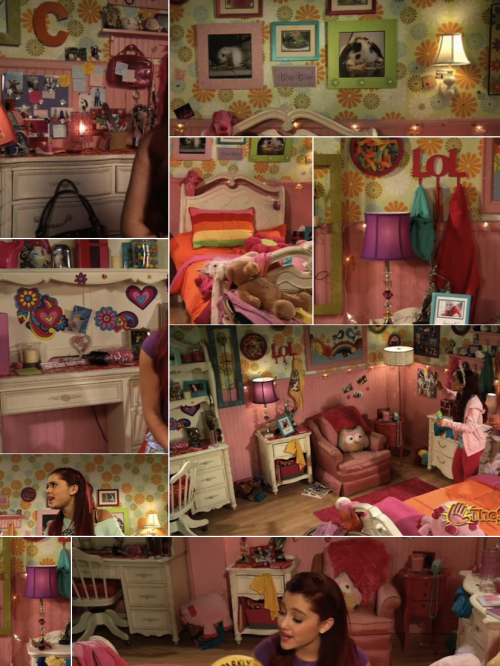Cat Valentine's room! *requested* Walls: Cat's walls are a light green/white-ish color with lots of flowers in orange, green, white and blue. The walls are light pink at the bottom. If you want something similar to Cat's walls in your own room, you can just decorate 1 of the walls with flowers, and you don't have to paint them on, just buy wall stickers!  Furnitures: All of Cat's furnitures are white, but decorated with lots of colorful stuff. Her armchair is light pink and her bed is also white. It's always good with white furnitures in your room, ‘cause you can do a lot of decoration then.  Decoration: Cats room is all about decoration! On her wall she has loads of colorful (pink, green, light blue) frames with cute pictures, like rabbits. Over her desk and drawers she have colorful heart and flower stickers + a bulletin board with lots of sticky notes. Another thing in her room she has lots of is fairy lights and candles! And also fluffy and cute pillows and LOTS of teddy bears!! Tips: If you want your room to kinda look like Cats (and not a 10 year olds room), just take some inspiration from her room, fx add some cute pillows to your bed, buy some candles, etc. You don't have to fill your room with teddy bears and stuff like that, if you're a teen! ;)  Hope this helped xx (click here to see Arianas bedroom) 