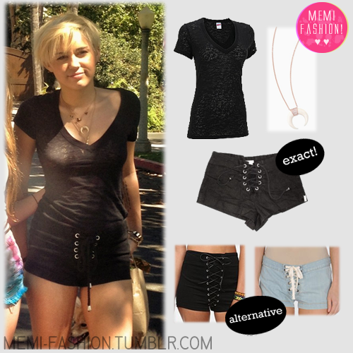 Top: Soffe Soffe Short Sleeve Burnout v Tee - EXACT! <br /> Necklace: Roseark Jacquie Aiche - Double Bone Diamond Horn Necklace - EXACT! <br /> Shorts (1): Pixie Market One Teaspoon Wilted Rose Lace Up Shorts - EXACT! <br /> Shorts (2): Urban Outfitters Tripp NYC High-Rise Lace-Up Short - ALTERNATIVE! <br /> Shorts (3): Yoox L&#8217;AGENCE Denim shorts - ALTERNATIVE!