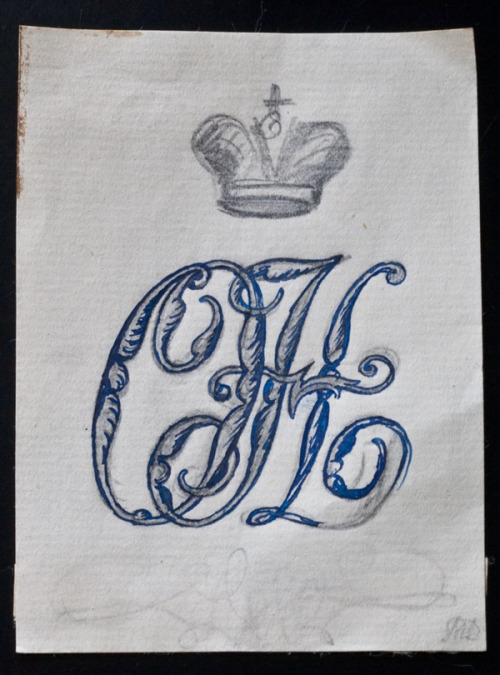 themauveroom:

A sketch for a bookplate for Grand Duchess Olga bearing her initials “O.H.” (O.N. in English) c. 1910. 
