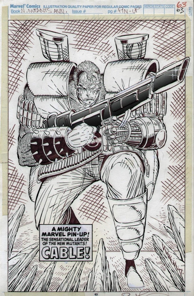 



(Above: page from New Mutants Annual #6, by Rob Liefeld)
Marvel’s latest discovery was a twenty-one-year-old Anaheim, California, native named Rob Liefeld. Liefeld’s father was a Baptist minister; his grandfather had been a Baptist minister; all that young Liefeld had ever wanted to do was draw Star Wars characters, ride his bike to the comic shop, and hide his stacks of X-Men from his mother. Although he’d quickly gotten work doing pinups and covers at DC Comics, his narrative instincts were shakier than McFarlane’s. But he was hardly timid: one editor was surprised to receive an entire story drawn sideways. Bob Harras liked the audacity, though, and after giving him fill-in assignments on X-Factor and Uncanny X-Men, he told Liefeld he wanted a new look for New Mutants, and a new character to replace Professor X as the leader of the team. Liefeld shot off pages and pages of costume designs and brand-new characters, along with a note: Bob—some future friends and/or foes for the Muties! If ya don’t like ’em, trash ’em! ’s okay with me—but if you’re interested—give me a call! One of the characters was submitted to be the new leader: a half-cyborg “man of mystery” with a glowing “cybernetic eye.” His name, the notes said, should be Cybrid…or Cable. 





When Harras and writer Louise Simonson suggested other names, Liefeld took a page from the playbook of his new friend McFarlane, and stood his ground. “Bob said, ‘Let’s call him Quentin,’” Liefeld recalled. “I said, ‘Yucch!’ I had already put ‘Cable’ down as his name on the sketches. Then, in Louise’s plot, after being told his name was Cable, he was called Commander X throughout. I said, ‘If this guy is called Commander X, I want nothing to do with it.’ That seemed ridiculous to me.” Harras gave Liefeld his way. 
The issue of New Mutants that introduced Cable—he wielded a giant gun; the New Mutants were depicted in crosshairs—was an instant hit, and marked a sudden turnaround for the title’s sales. But it was the beginning of the end for Simonson, who suddenly felt expendable. As Liefeld’s illustrations of muscles and artillery became more outrageous, as backgrounds disappeared and reappeared, as he discarded 180-degree rules, the readership only grew. Liefeld “would do square windows on the outside of the building, but round ones when you cut inside the building,” complained Simonson. “It took me about six months to figure out that Rob really wasn’t interested in the stories at all. He just wanted to do what he wanted to do, which was cool drawings of people posing in their costumes that would then sell for lots of money.” 
Text from Marvel Comics: The Untold Story

