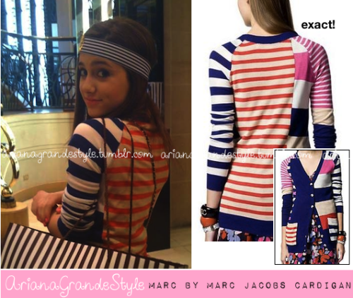 Ari posed in this pic wearing:  Exact Olga Stripe Cardiganfrom Marc by Marc Jacobs (sold out).