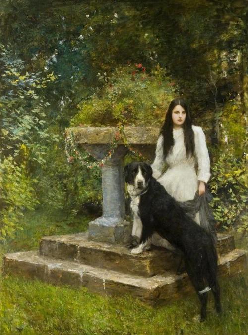 fleurdulys:

Gwenddydd 1893-1927 and Her Dog in a Garden - Hubert von Herkomer
1910
