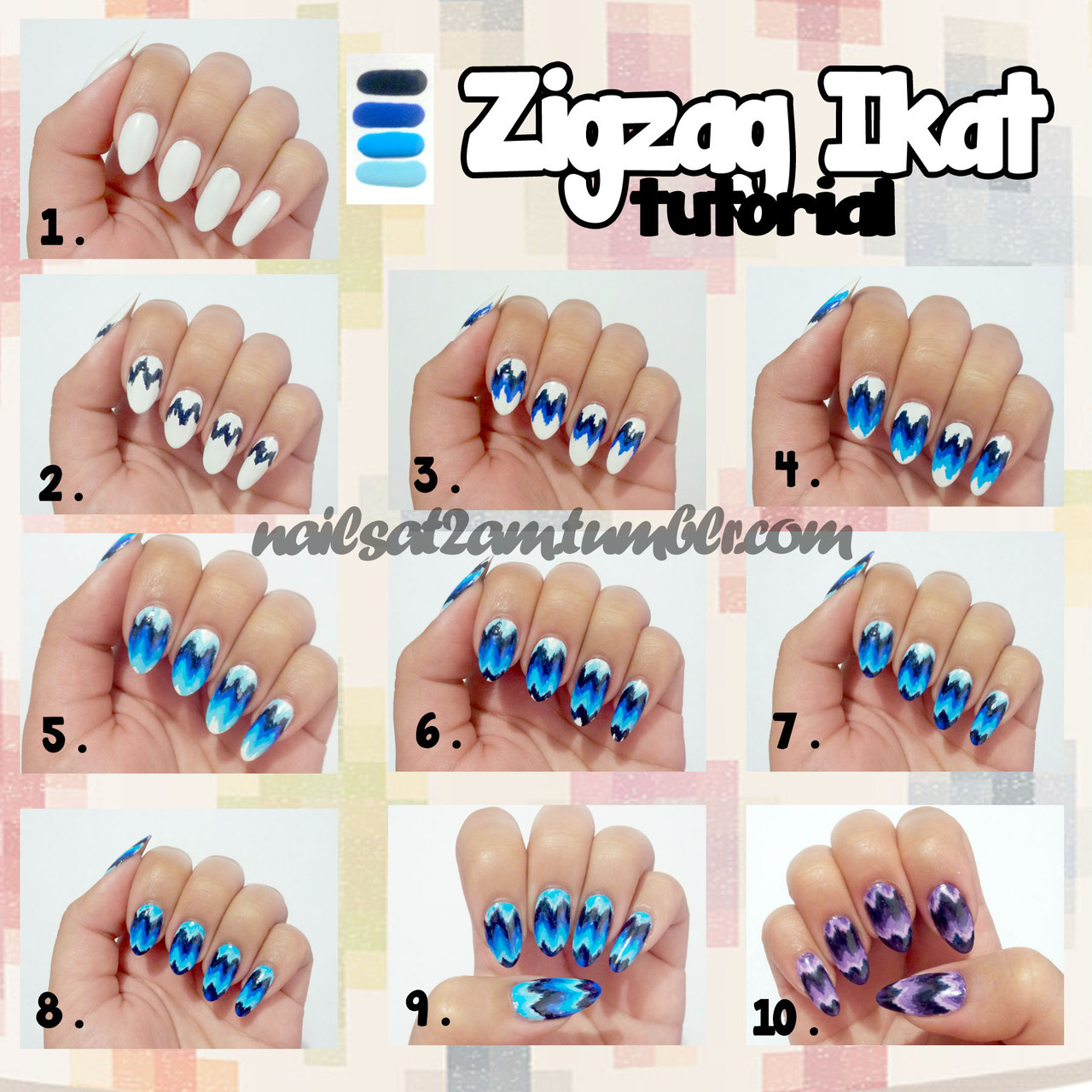Zigzag Ikat Nail Tutorial
Have ready: 4 different shades of blue (or other) polish, a white polish, top coat and a striping brush/ thin paint brush. 
1. Paint your nails with two coats of white as a base.
2. With the darkest blue polish and your striping brush, paint tiny vertical strokes/ dashes, one next to the other, creating the starting zigzag pattern for the design.
3/4/5. With the remaining blue polish (in order from darkest to lightest), paint on the same tiny strokes/ dashes following the zigzag pattern created in step 1.
6/7/8. Continue to fill in the rest of your nail following the pattern. Don&#8217;t forget to clean up around the cuticles with acetone and a small brush (:
9. Finish with a top coat, et voilà: blue ombre zigzag ikat nails (that&#8217;s a mouthful, must think of a better name!)
10. Play around with the colours, switch them up, the possibilities are endless! If you don&#8217;t have the different shades of a colour, just mix your own with the polish that you do have. Also, you don&#8217;t have to only use 4 shades, go crazy and use 10!    tag me #nailsat2am I&#8217;d love to see! ;D
nailsat2am.tumblr.com || Instagram: xtinemayyy
