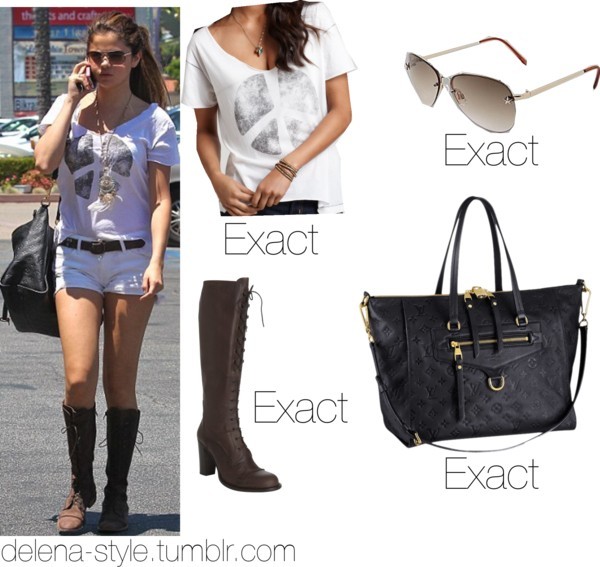 Selena носил эту вершину, эти ботинки, эти очки и она несла эту сумку в районе Sherman Oaks.