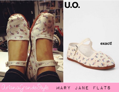 Ariana posted this picture on her instagram, of these adorable flats, that Cat is going to wear in a new Victorious episode.
Exact Printed Mary Jane Flats from Urban Outfitters (in &#8220;floral&#8221;)
**2 pair of these flats for $20.00** 