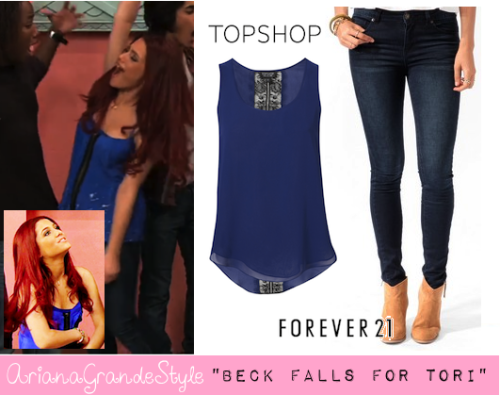 *Requested* Cat&#8217;s outfit at the end of the episode &#8220;Beck falls for Tori&#8221;. Similar Lace Back Vest from Topshop. Similar Skinny Jeans from Forever 21 (in the color &#8220;dark denim&#8221;).