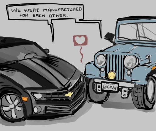 hungrylikethewolfie: affectingly: aggybird: lolbatty: a love like theirs cannot be totaled. ps vote for sterek!  #sterek #jeep #camaro #teen wolf #i want a night rider fusion fic #where stiles is the annoying nav in derek’s camaro #and sasses him constantly #especially when he gets gas#’oh that’s it big boy you stick that nozzle in’ #’you stick it in real good’ #’stiles SHUT UP’#’oh baby did you spring for premium?’ #’mmm mmm you know what stiles likes’ #’stiles i will literally buy nothing but unleaded and put only used tires on you’ #’derek why do you gotta hurt me this way? don’t i make my engine rumble real good for you?’ #’you are the worst thing in my life’ #’you say that until you’re tucked in my comfortable backseat for a nap’ #’i’m taking you to the scrap heap’ #’oh derek don’t be that way LET’S FIGHT CRIME’#’i regret my entire life to this point’ #AND THEN STILES TURNS INTO A HUMAN AND THEN THEY SEX #also there’s at least one tailpipe joke #the end Why do you do these things to me? I hate you. WE CAN’T BE FRIENDS UNLESS YOU WRITE ME MORE FIC GODDAMMIT.  LITERALLY JUST FELL OVER LAUGHING THIS FANDOM JFC 