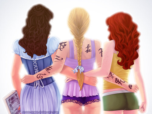 Well, somewhere the Herondale and Blackthorn and Carstairs boys are drooling, I guess! (I like that each girl&#8217;s nightwear represents her - Tessa&#8217;s Victorian, Clary&#8217;s wearing sensible boy shorts, and Emma&#8217;s combining badass tats and purple lace!)
tmisource:

tmispanishnews:

Girl’s Just Wanna Have Fun by *Street-Angel

@cassieclare’s girls!
