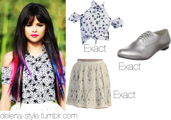 Selena носил эту сверху (не доступны в Интернете: Gerlan джинсы весна 2011 Коллекция), эта юбка и эти оксфорды в ее клипе "Hit The Lights". Oxfords доступны только в бронзе.