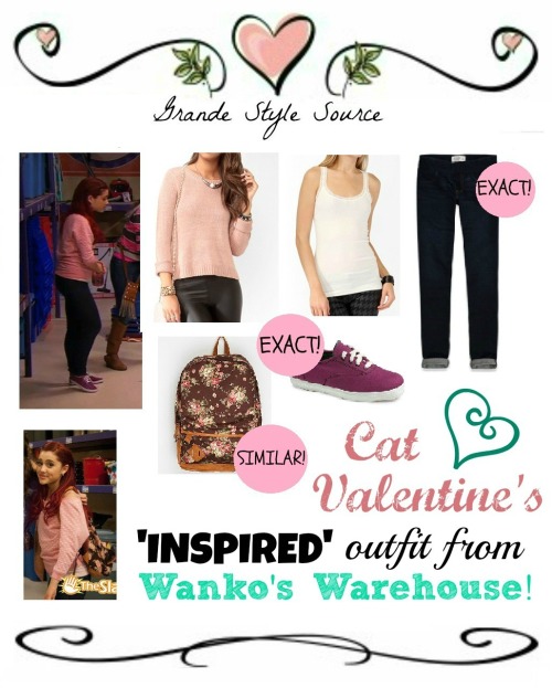 Requested: Cat Valentine&#8217;s outfit from the ep. Wanko&#8217;s Warehouse! Jumper/Sweater: F21 Cami: F21 Jeggings: A&amp;F (exact!) Shoes: Keds (exact!) Backpack: UO (v similar!) Made by Katelyn! Requested by: arianagrande-hairstyles! xo