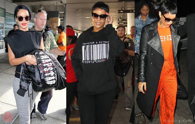 Rihanna in a few recent candids in one of her favourite most worn brands Trapstar. The UK urban brand has collaborated with video game developer &#8216;square enix LTD&#8217; to create pieces inspired by the game &#8216;Hitman absolution&#8217;. The collection includes hoodies, jackets, caps (as worn by Rihanna herself) and will be released in November 20th just in time for the game release.
To keep up with the brands news visit their blog HERE