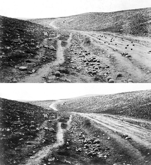 Errol Morris identifies the first fake photograph, titled “The Valley of the Shadow of Death” and taken by photographer Roger Fenton in 1855. For more on the history of photographic tampering, see Morris’s excellent Believing Is Seeing (Observations on the Mysteries of Photography).
Hear the story on Radiolab: 

