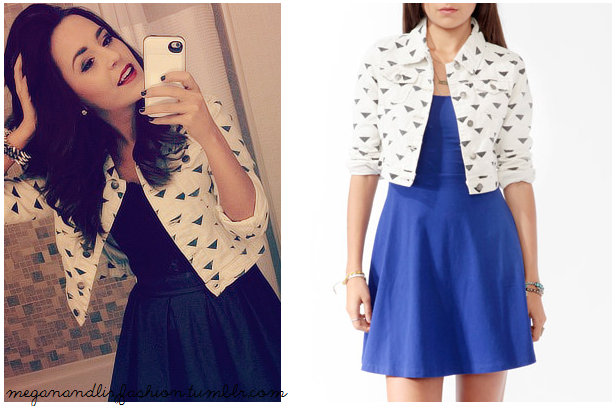 Another picture taken from Megan and Liz&#8217;s tumblr.  The this the white denim jacket with a black geometric triangle print. It&#8217;s really cute! :)You can buy it HERE $22.90 for from Forever 21 