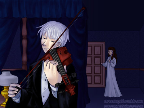 A boy—he seemed too slight to be a grown man— with a violin propped against his shoulder. His cheek rested against the instrument, and the bow sawed back and forth over the strings, wringing notes out of it, notes as fine and perfect as anything Tessa had ever heard.
His eyes were closed. “Will?” he said, without opening his eyes or ceasing to play. “Will, is that you?”
streetangel8:

Love Begins This Way by *Street-Angel
I’d write out the scene but I don’t have Clockwork Angel to hand. But basically Tessa hears the music and walks in on Jem who thinks it’s Will who’s walked in and continues playing.Ah young love.Tessa and Jem are from Cassandra Clare’s Infernal Devices.Enjoy~
