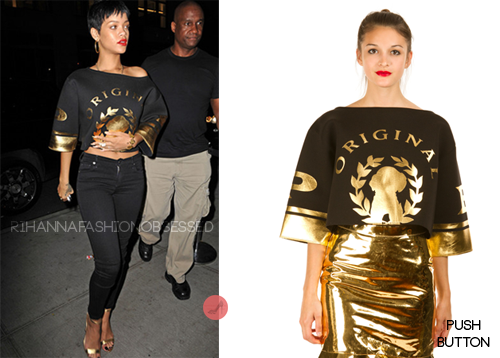 Rihanna couldn&#8217;t help but to satisfy her taste buds by heading to a Italian eatery last night in New York.
Rihanna headed out wearing a black and gold cropped &#8216;Original&#8217; tee by Pushbutton, black skinny jeans from Citizens of Humanity, gold Manolo Blahnik chaos sandals, a bracelet by Chanel, and a crystal armor-dillo Ring Melody Ehsani.