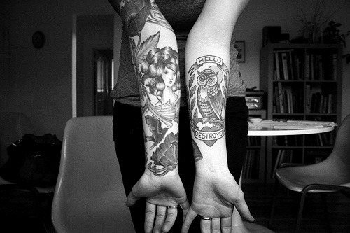 arm tattoo #black and white #owl tattoo #girl tattoo