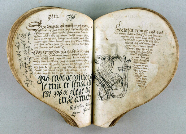 border-studies:

Amazing cordiform (heart-shaped) book —
The Heart Book is regarded as the oldest Danish ballad manuscript. It is a collection of 83 love ballads compiled in the beginning of the 1550’s in the circle of the Court of King Christian III.
(via The LION & the CARDINAL)
