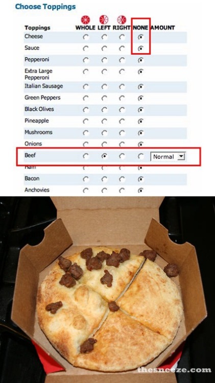 A pizza ordered via online form. All toppings including sauce and cheese have been set to "None", but "beef" was requested, only on the left side.